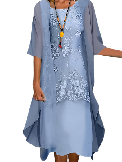 Elegant women's black midi dress with sheer lace sleeves, perfect for evening or formal events.