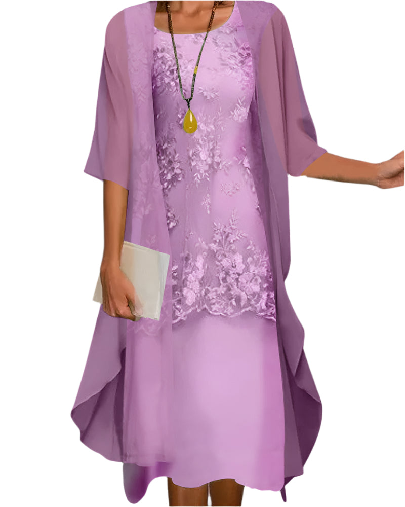 Formal party dress: Women's elegant midi dress in black with delicate sheer sleeves and lace accents.