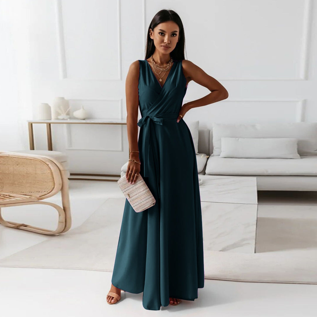 Women's sophisticated navy blue wrap maxi dress, an ideal elegant long dress for any formal occasion.