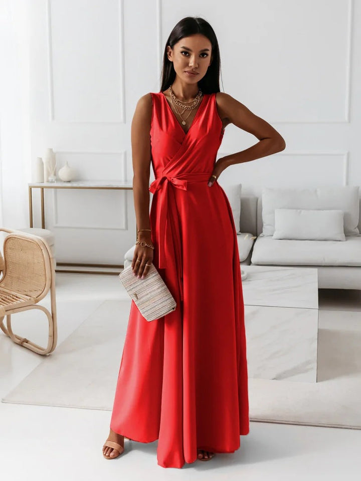 Burgundy elegant wrap maxi dress for women, a beautiful long dress choice for evening wear or special events.