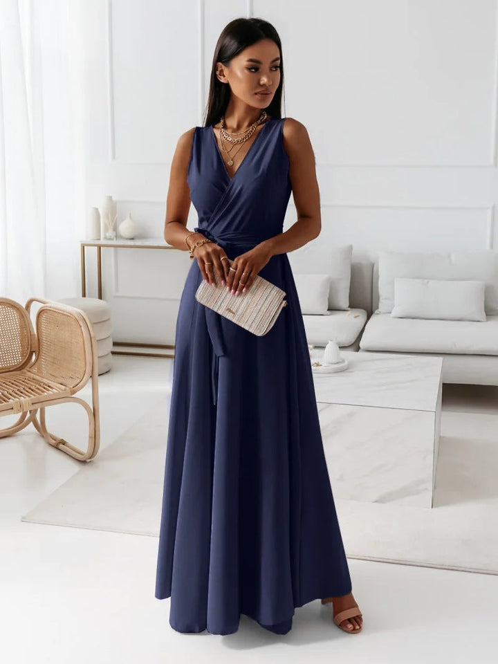 Full-length view of a women's formal wrap maxi dress, showcasing its elegant design for occasion wear.