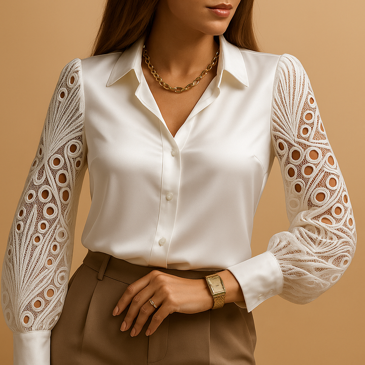 Elegant women's blouse with delicate lace sleeves, perfect for formal occasions or chic workwear.