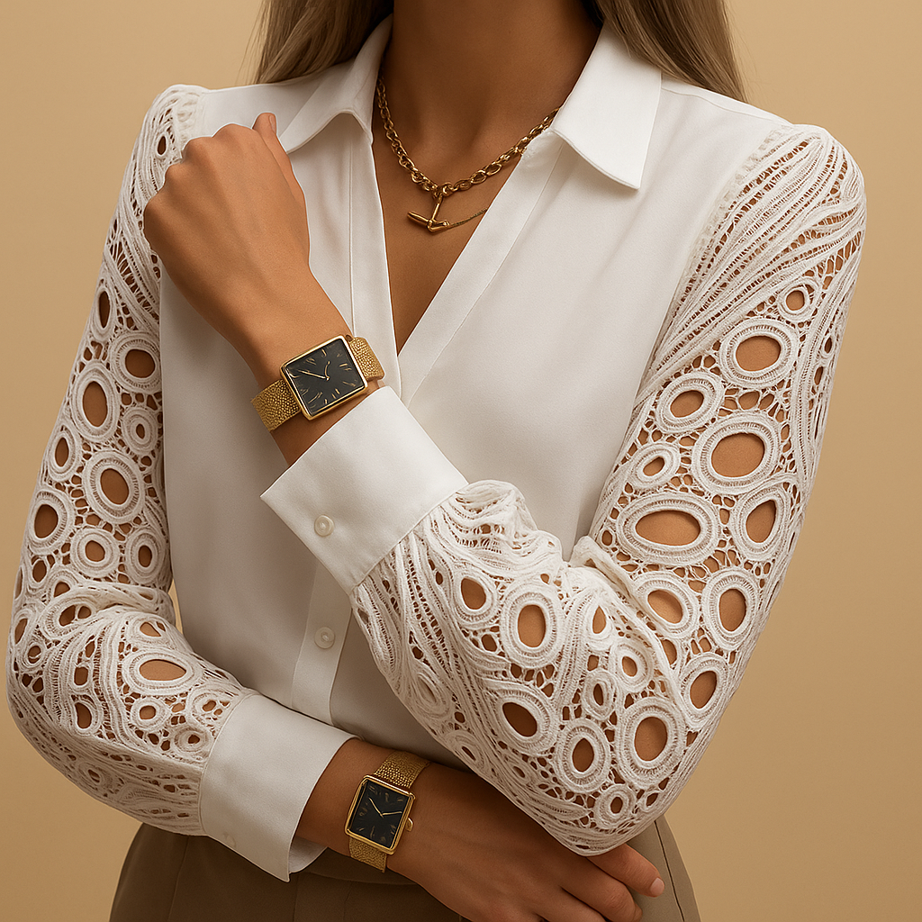 Versatile women's button-down blouse with stylish lace sleeves, ideal for office or evening wear.