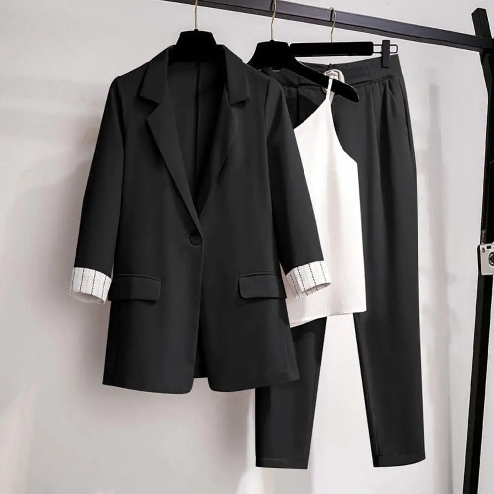 Elegant women's blush pink blazer, wide-leg pants & matching top coordinated business suit set