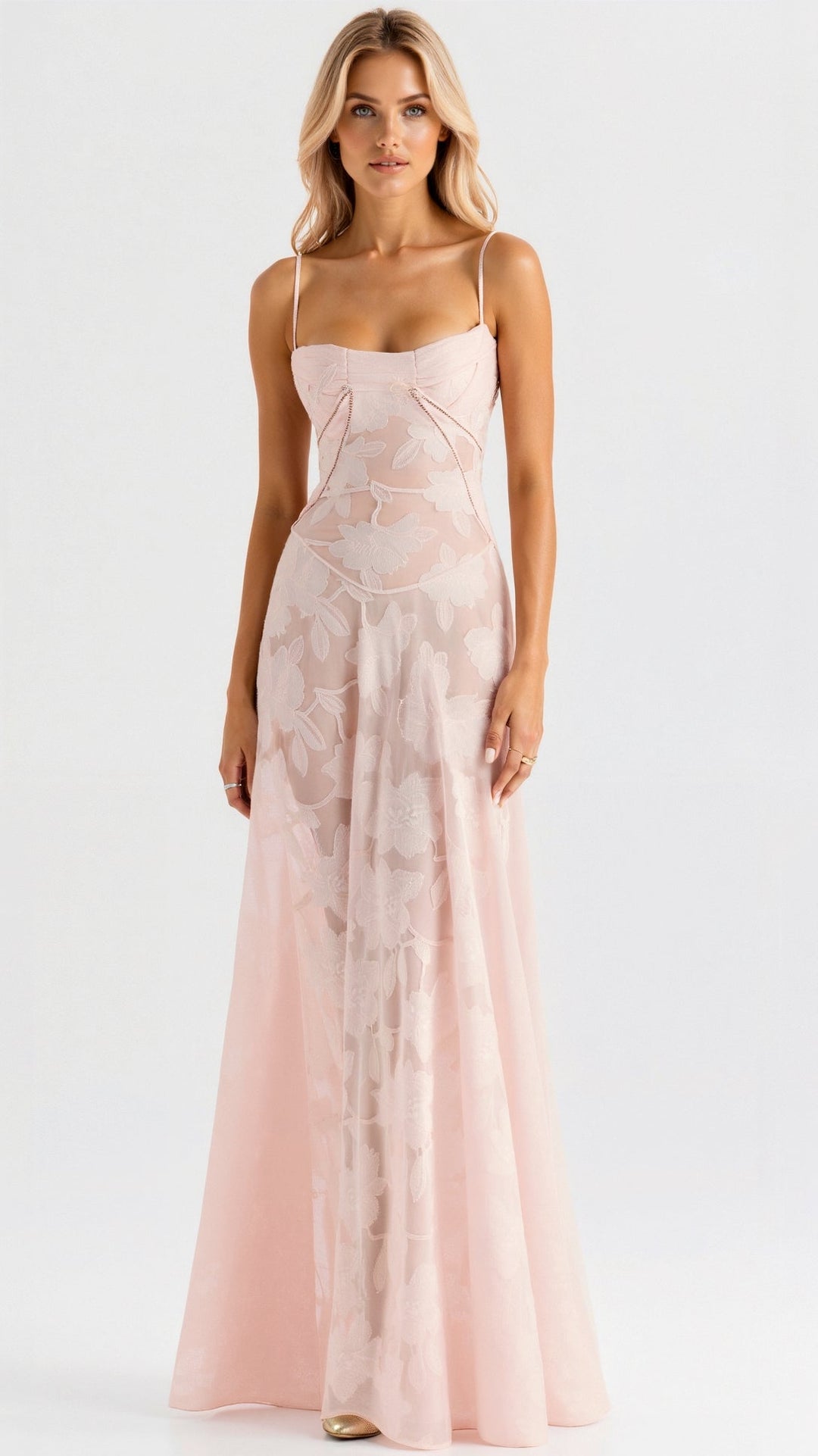Elegant women's bustier maxi dress, perfect wedding guest attire, shown full length