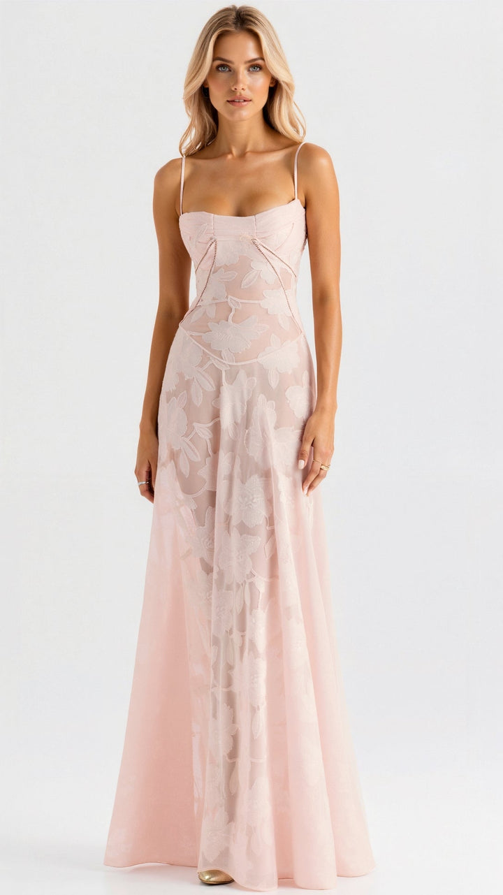 Elegant women's bustier maxi dress, perfect wedding guest attire, shown full length