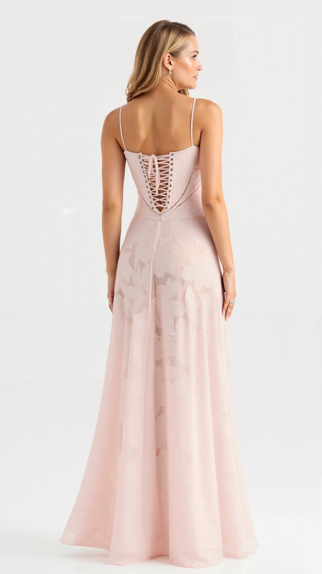 Close-up of the bustier detail on the elegant women's maxi dress for wedding guests