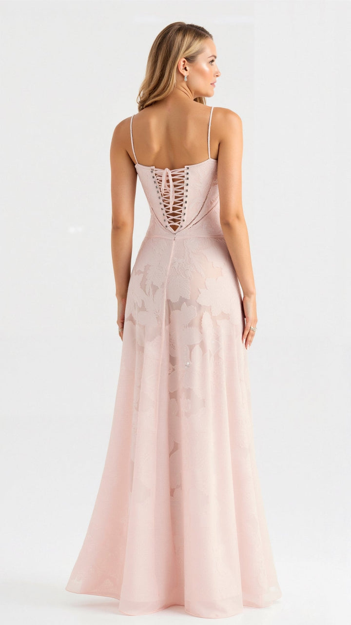 Close-up of the bustier detail on the elegant women's maxi dress for wedding guests