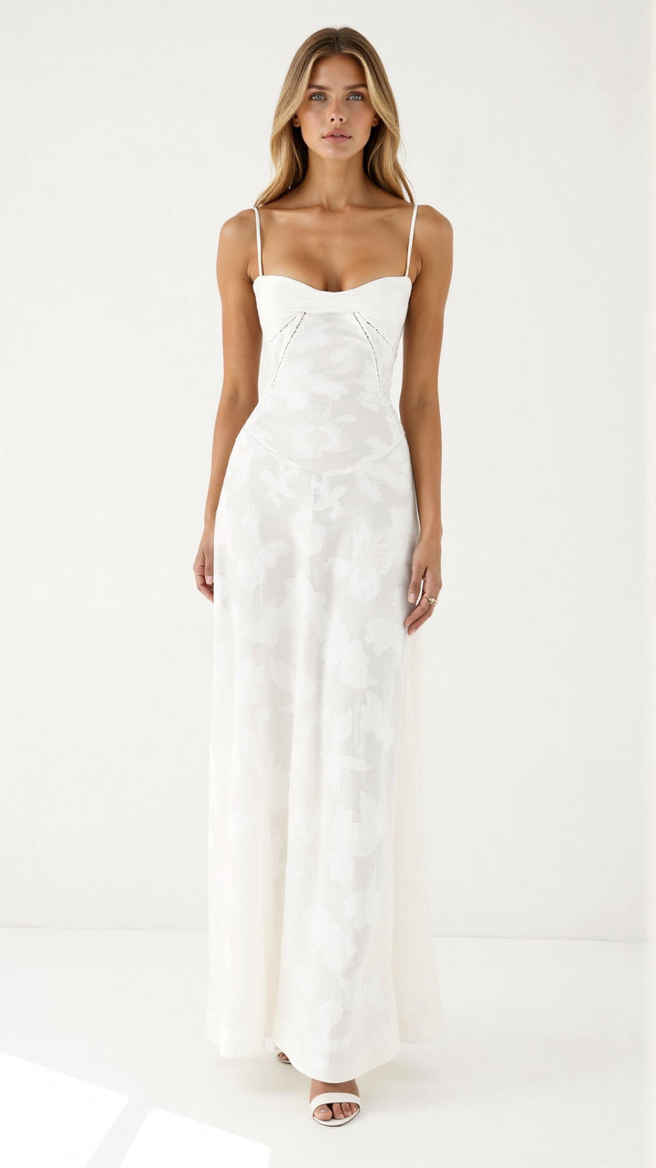 Rear view of the flowing women's maxi dress, ideal for an evening formal event