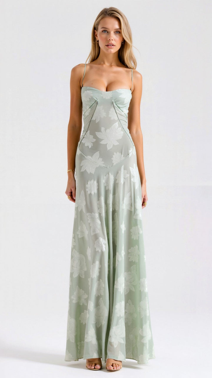 Side profile of the women's bustier maxi dress, highlighting its elegant drape