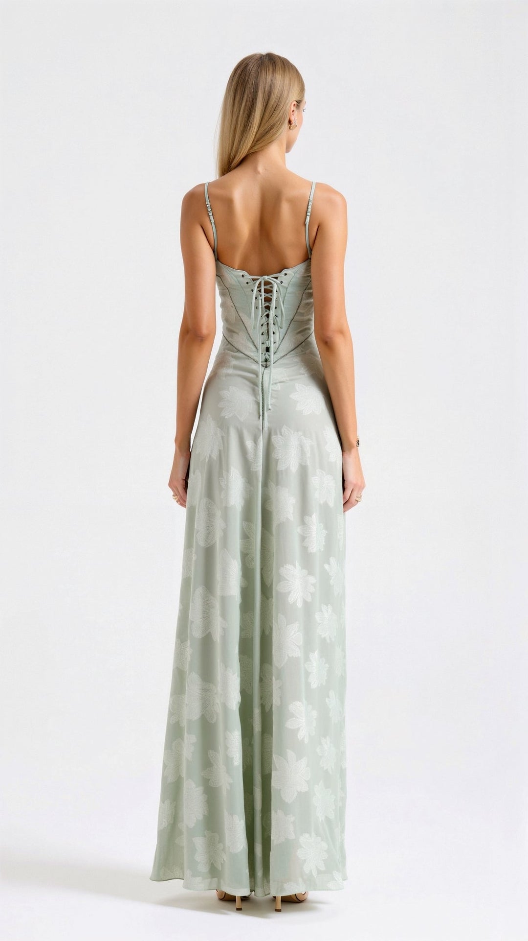 Detail shot of the fabric and texture of the elegant women's formal maxi dress