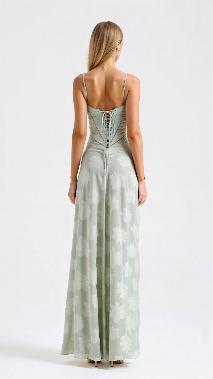 Detail shot of the fabric and texture of the elegant women's formal maxi dress