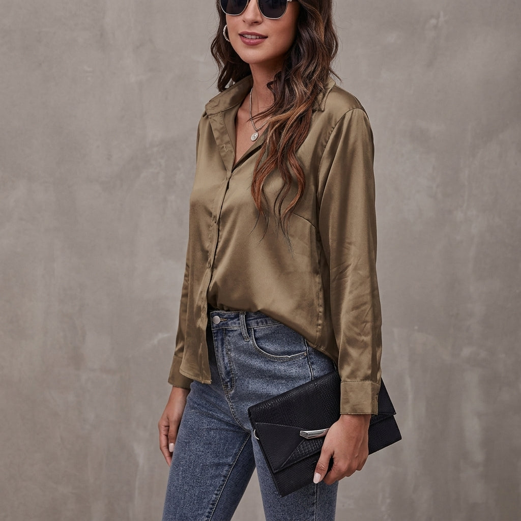 Elegant women's button-front blouse in a relaxed fit, perfect for sophisticated office wear or chic casual style.