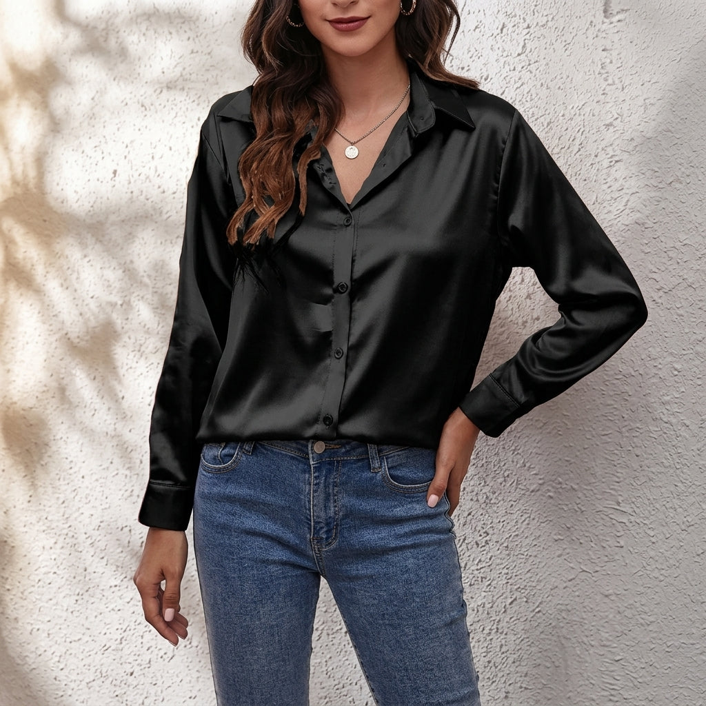 Stylish women's button-front blouse, a sophisticated long-sleeve top for an elegant and chic appearance.