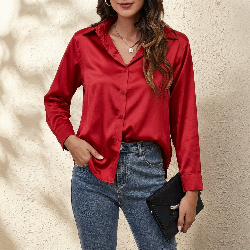 Classic women's button-front blouse, a versatile long-sleeve top for elegant and sophisticated fashion.