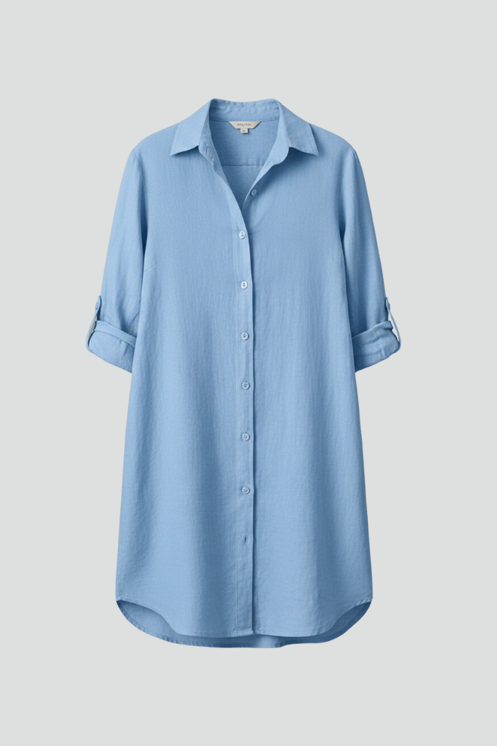 Elegant women's button-front shirt dress with a classic turned collar and long sleeves, perfect for versatile wear.