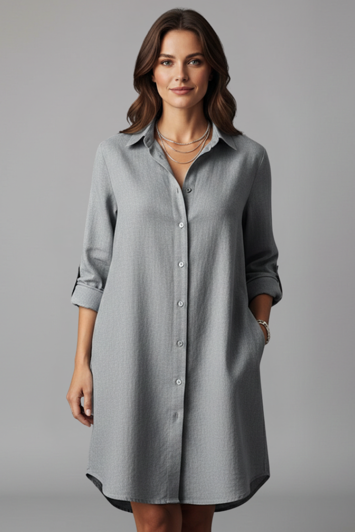 Comfortable women's long-sleeve button-front shirt dress, perfect for a casual yet elegant everyday look.