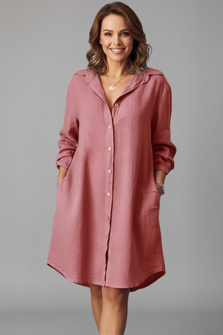 Professional women's shirt dress, a button-front day dress with a turned collar, suitable for work or events.