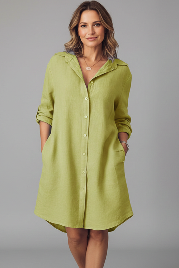 Classic women's elegant button-front shirt dress, long-sleeve design, a timeless piece for spring & fall.