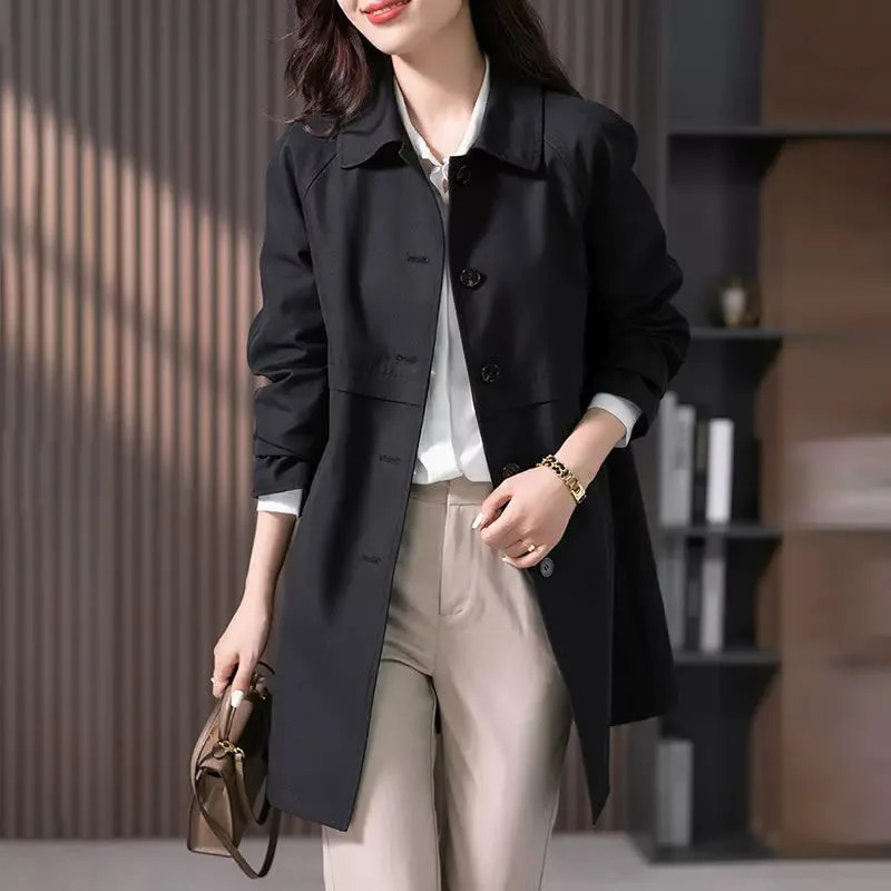 Seasonal women's trench coat featuring a sophisticated button front and long length, ideal for everyday style.