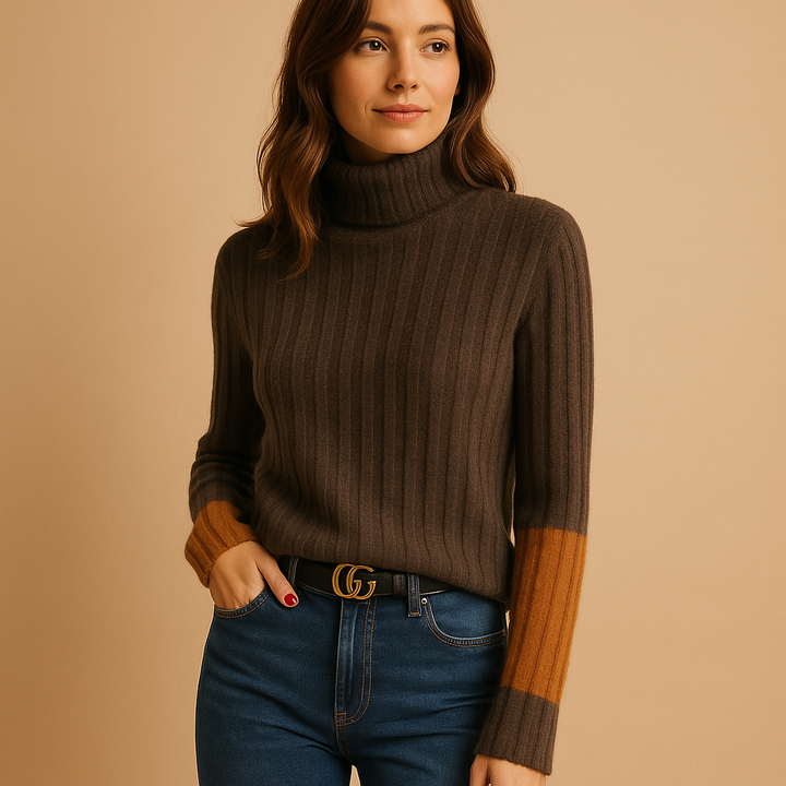 Elegant women's chic turtleneck sweater, slim fit for fall/winter fashion. Versatile long sleeve knit top.