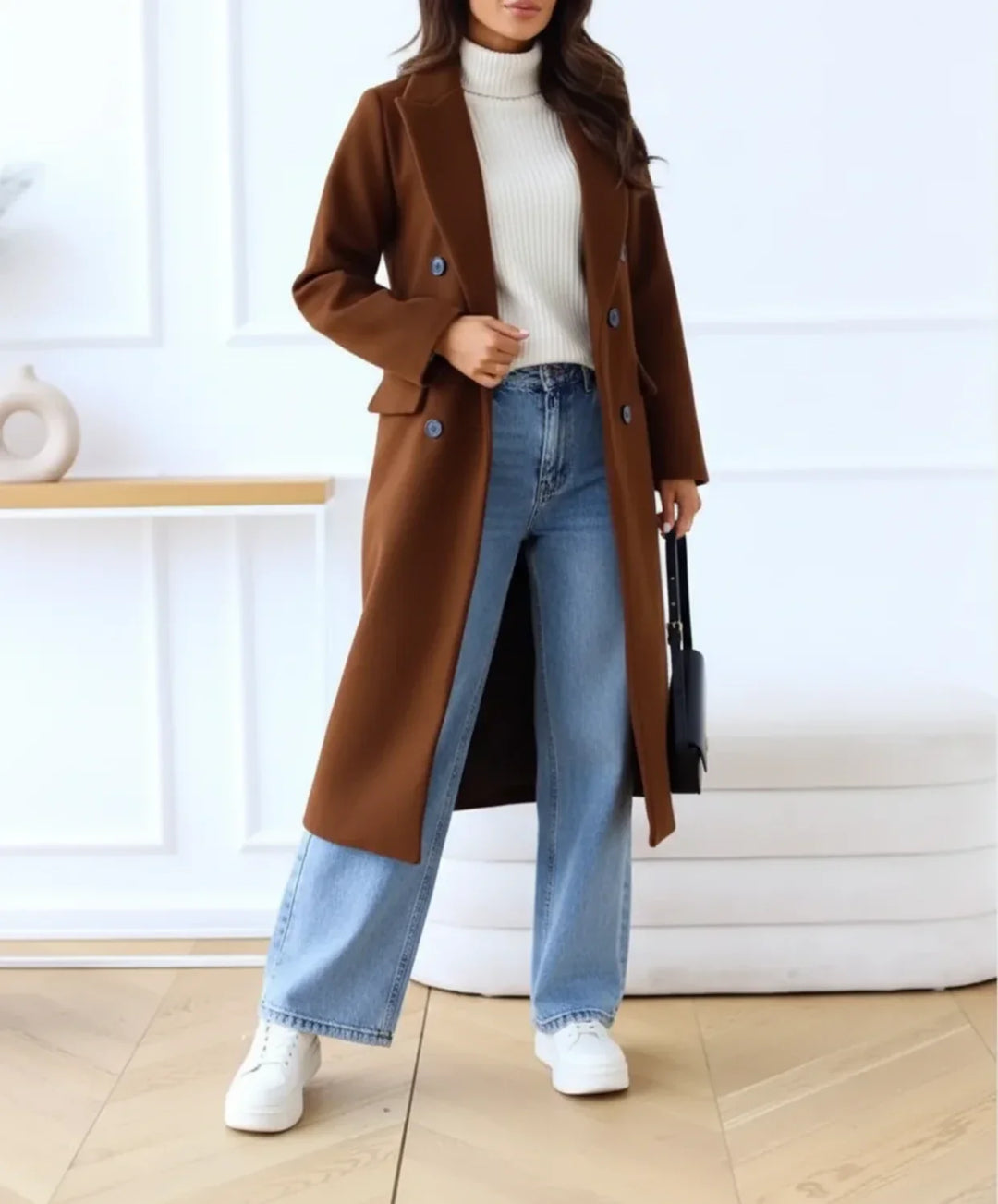Versatile women's long green double-breasted coat with classic design, button details, and a chic notch lapel.