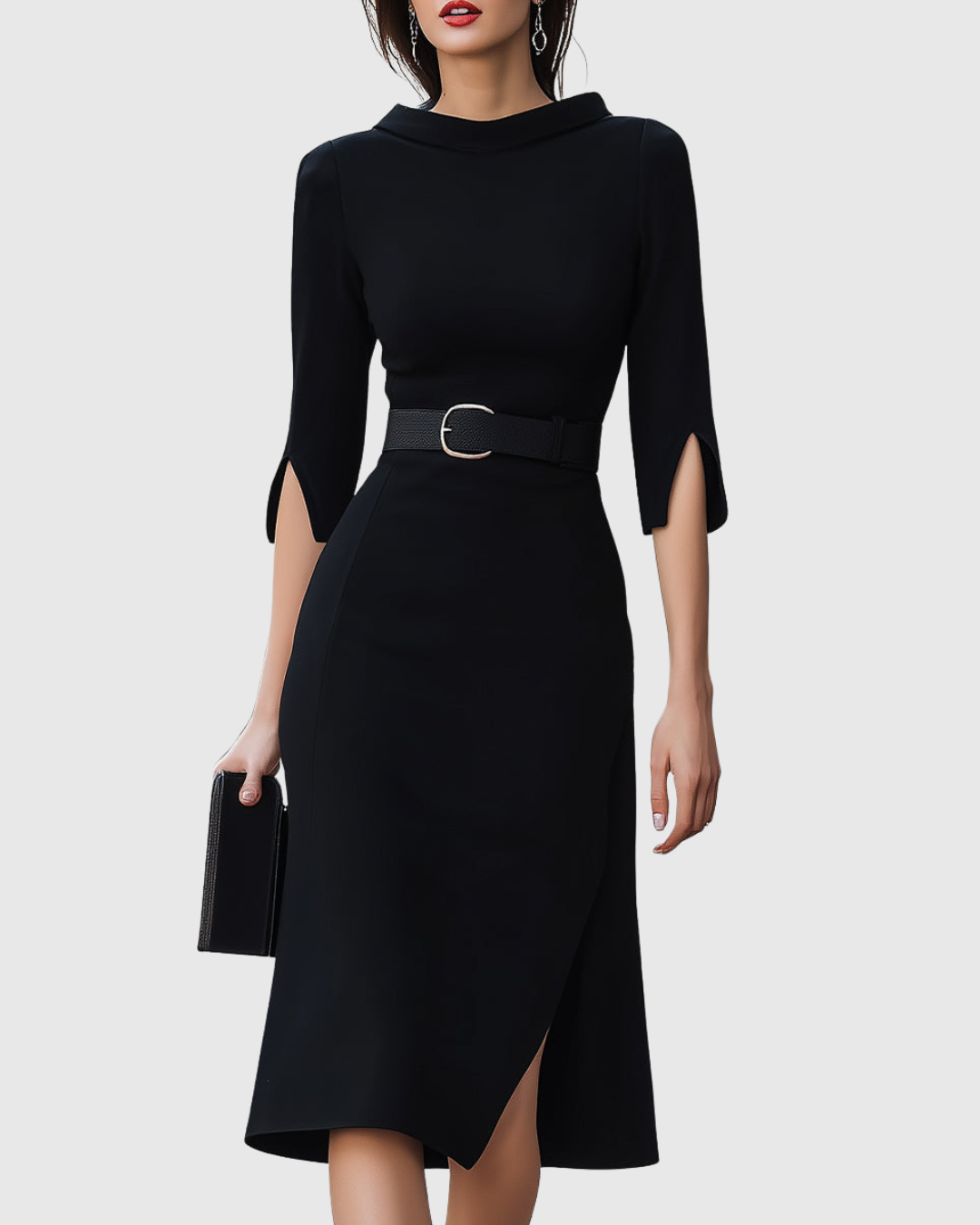 Elegant women's classic black short sleeve midi dress, perfect for formal events, cocktails, or sophisticated workwear.