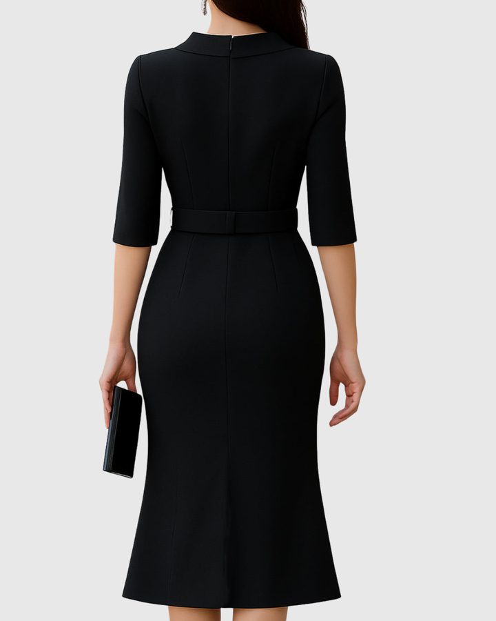 Sophisticated women's black short sleeve midi dress with a belt, ideal for work, parties, and special occasions.