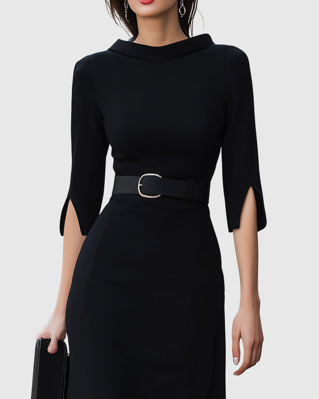 Classic black midi dress for women, featuring short sleeves and a timeless design, suitable for any elegant occasion.
