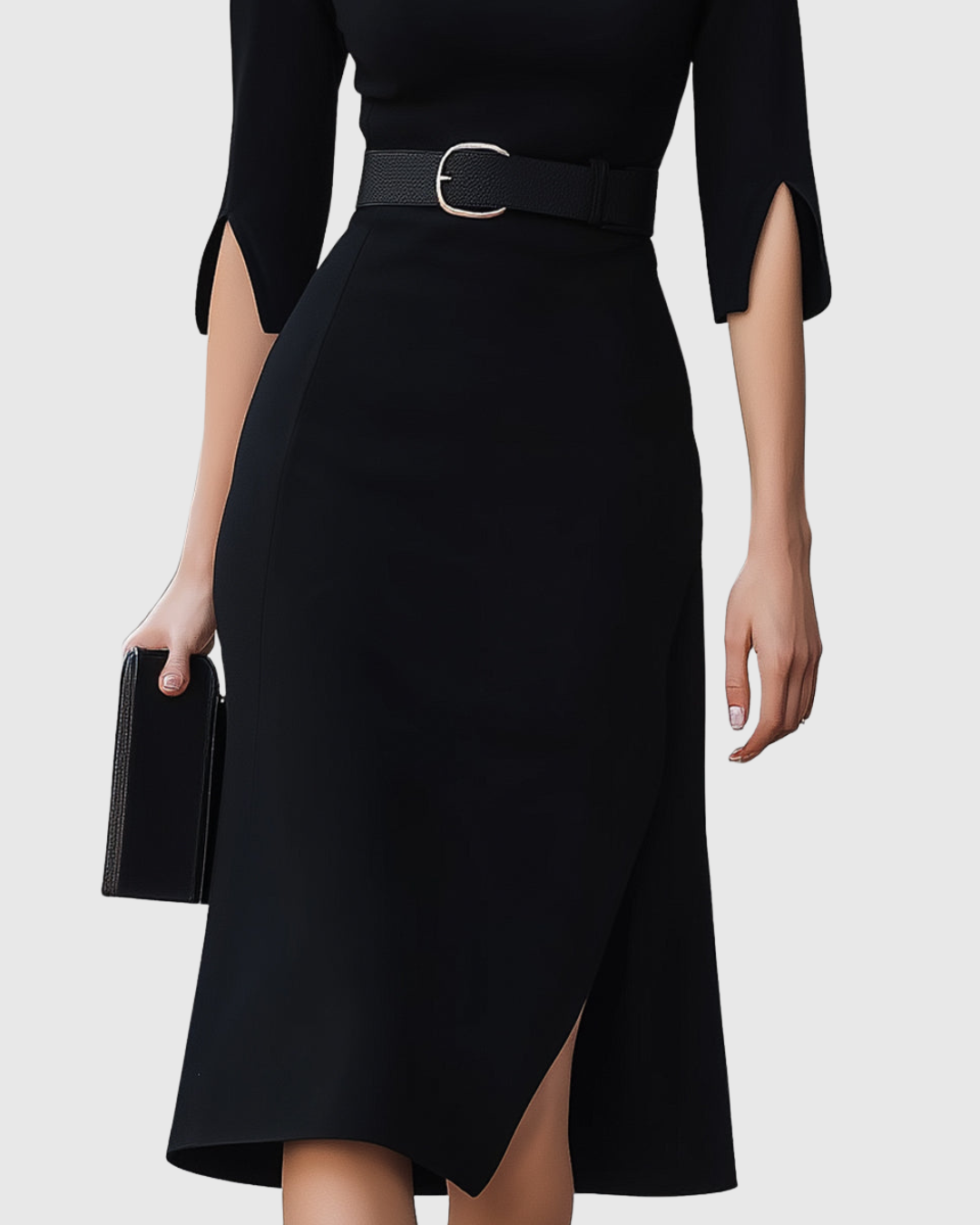 Versatile women's black short sleeve midi dress. A classic and elegant choice for formal events, parties, or office.