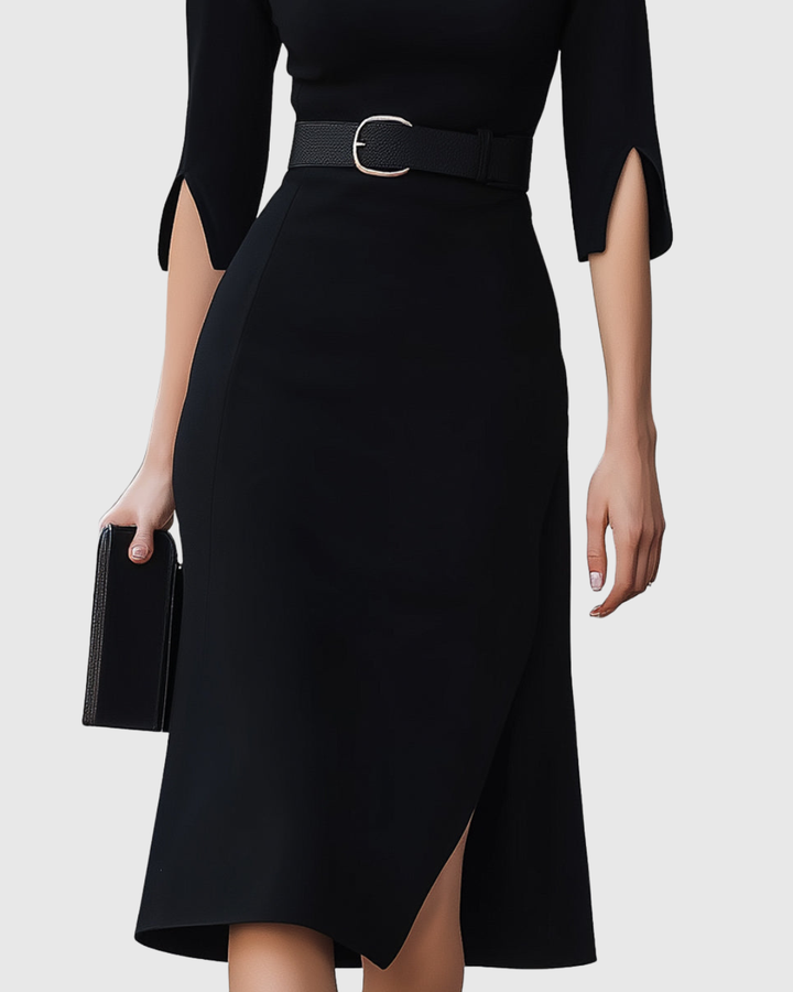 Versatile women's black short sleeve midi dress. A classic and elegant choice for formal events, parties, or office.