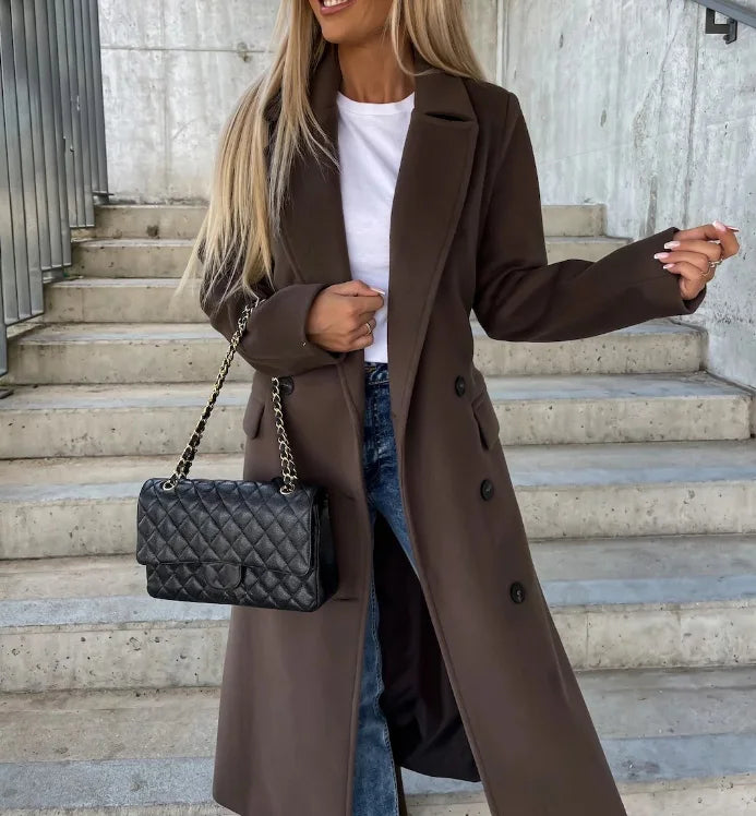 Elegant women's classic long sleeve trench coat, perfect for fall and winter fashion outerwear