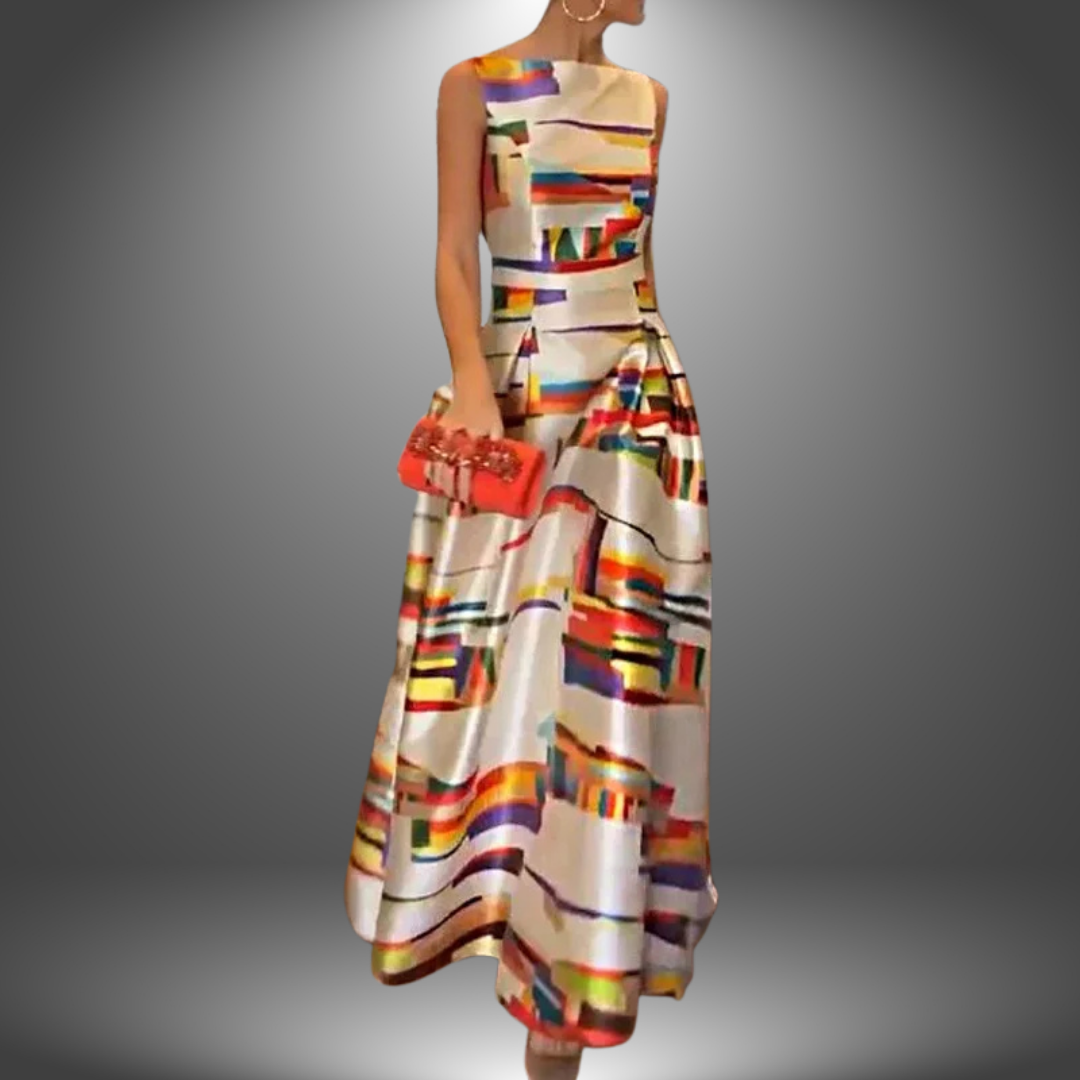 Elegant women's colorblock maxi dress, flowy boho-style, perfect for casual spring and summer events.
