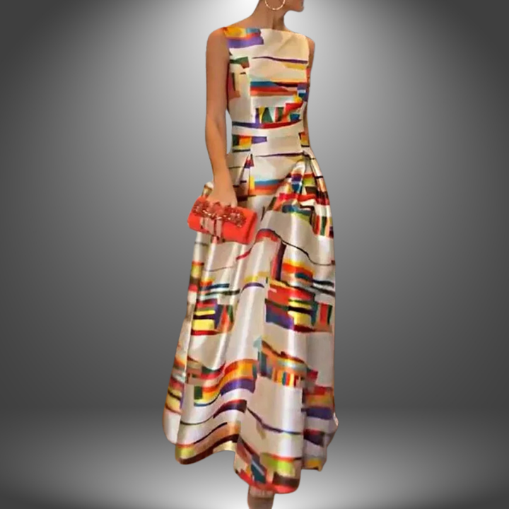 Elegant women's colorblock maxi dress, flowy boho-style, perfect for casual spring and summer events.
