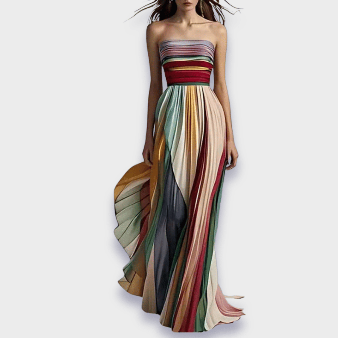 Elegant women's colorblock pleated strapless maxi dress, perfect for evening or cocktail events