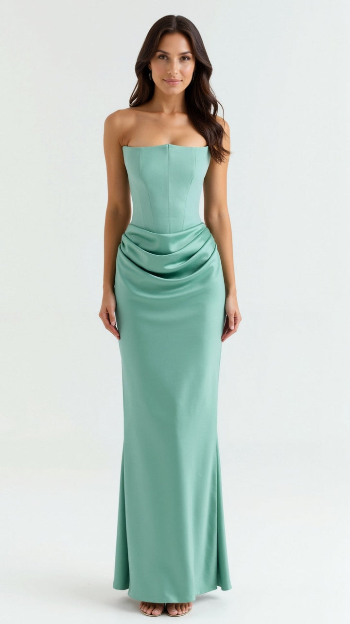 Column maxi dress in a beautiful blush pink, a stylish option for wedding guests