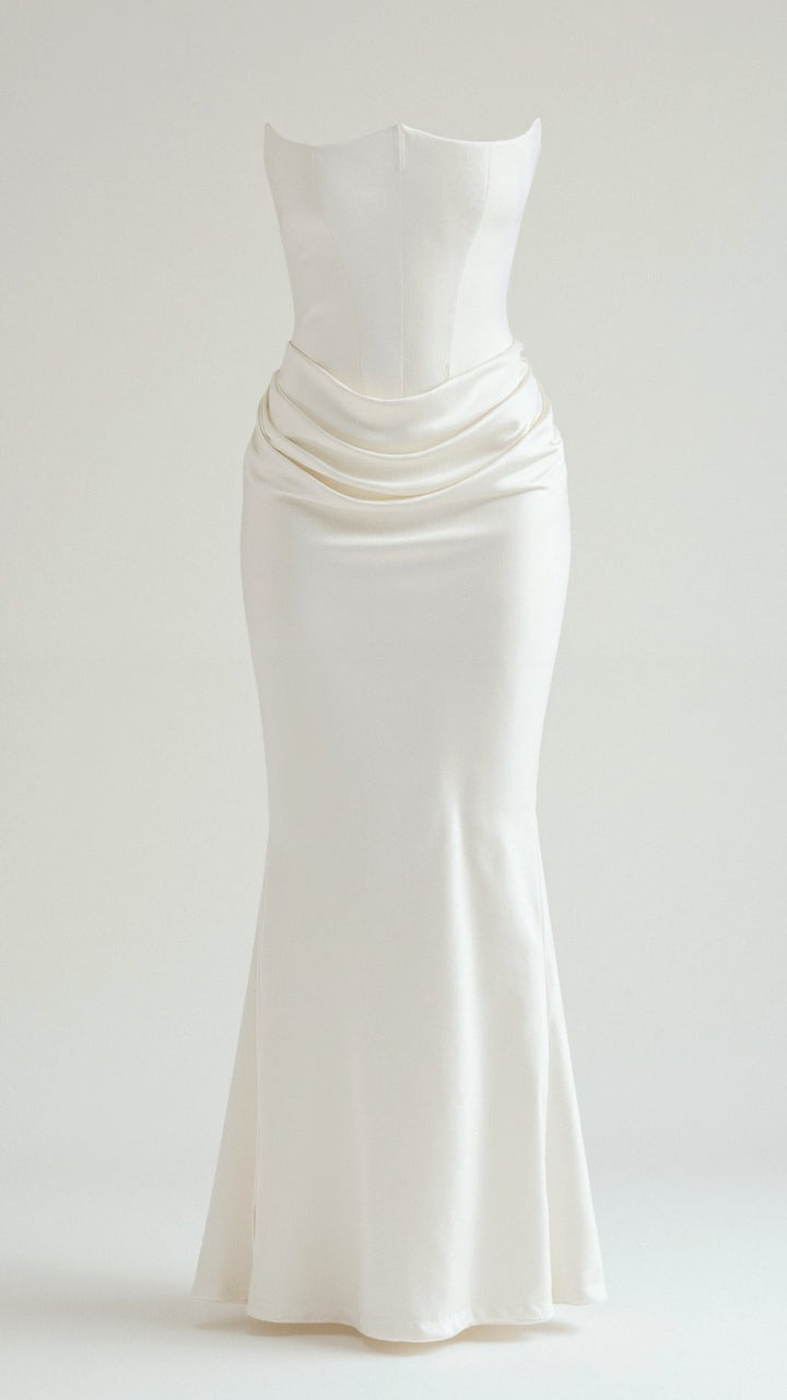 Off-shoulder column maxi dress, a modern and elegant twist on wedding guest attire