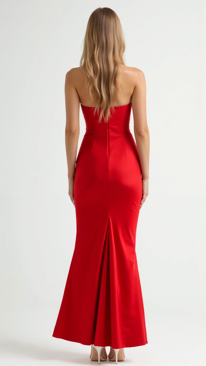 Back view of a women's column maxi dress with a subtle V-neckline, perfect for evenings