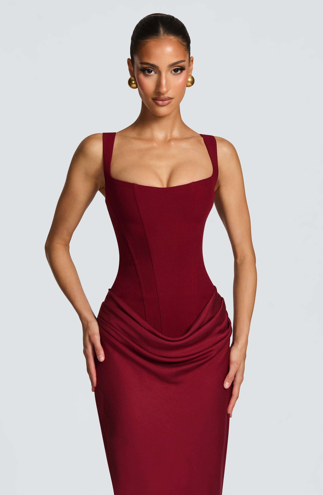 Perfect Wedding Guest Maxi Dress for women, featuring a trendy corset design, square neck, and open back.
