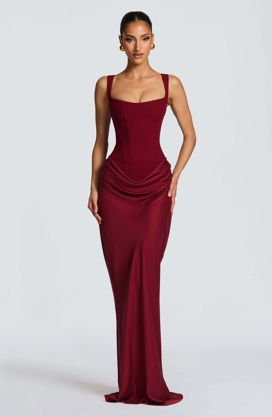 Luxurious floor-length Women's Maxi Dress fabric detail. Elegant formal or wedding guest corset gown texture.