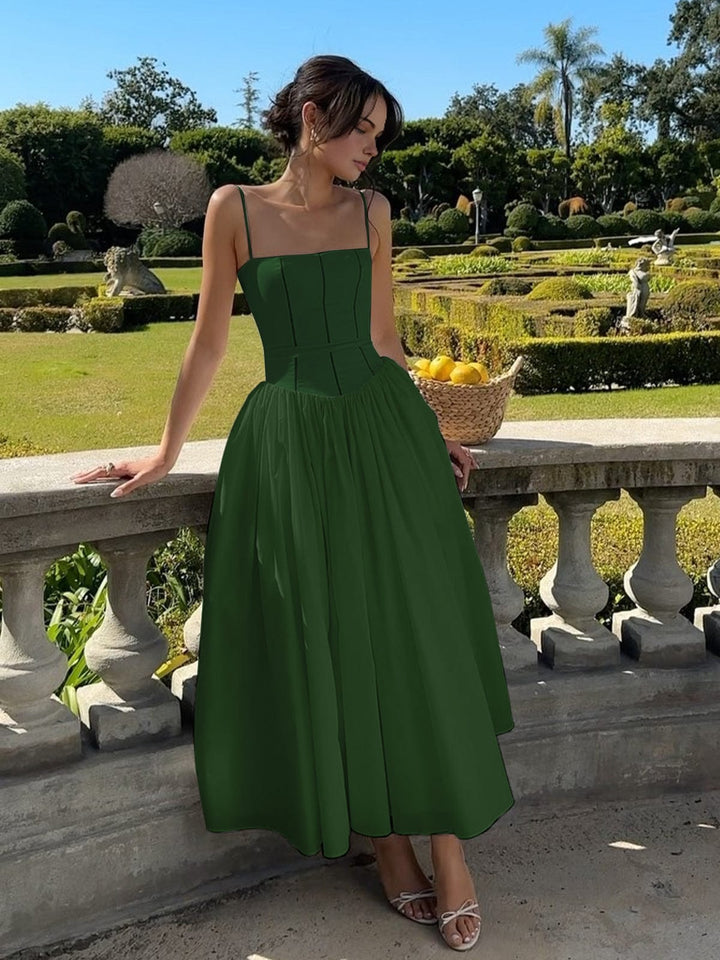Fashionable women's evening dress, a black corset midi dress suitable for elegant gatherings