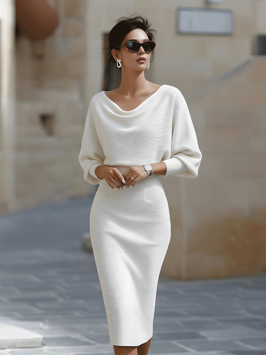 Elegant women's cowl-neck bodycon midi dress. Perfect for parties, cocktails & formal events.
