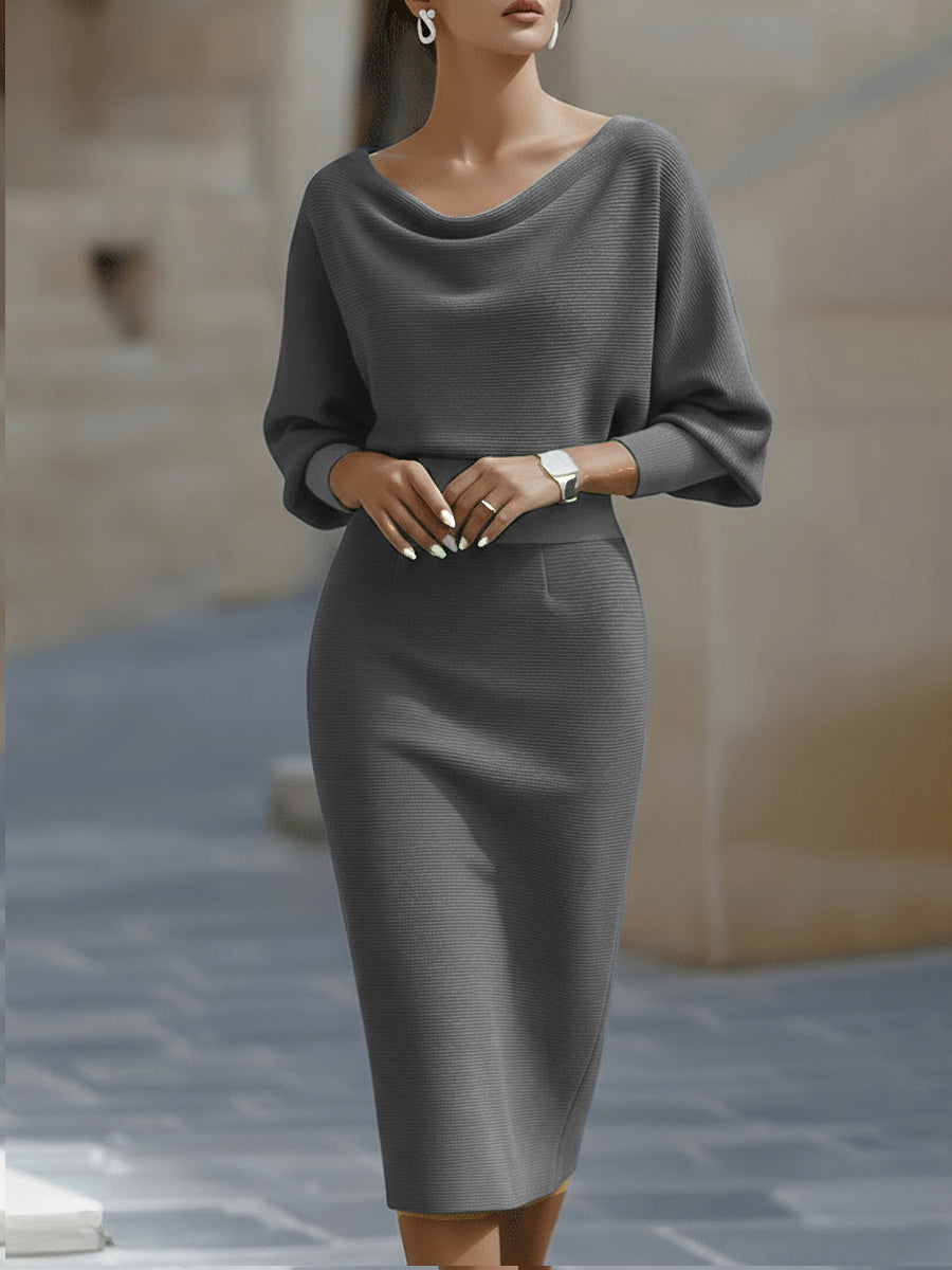 Full length view of women's elegant bodycon midi dress, featuring a stylish cowl neck & flattering fit.