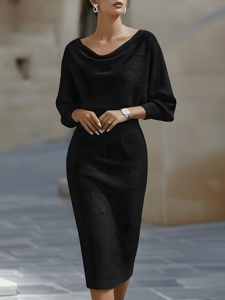 Textured shot of soft fabric on a women's elegant cowl-neck bodycon midi dress, comfortable & stylish.