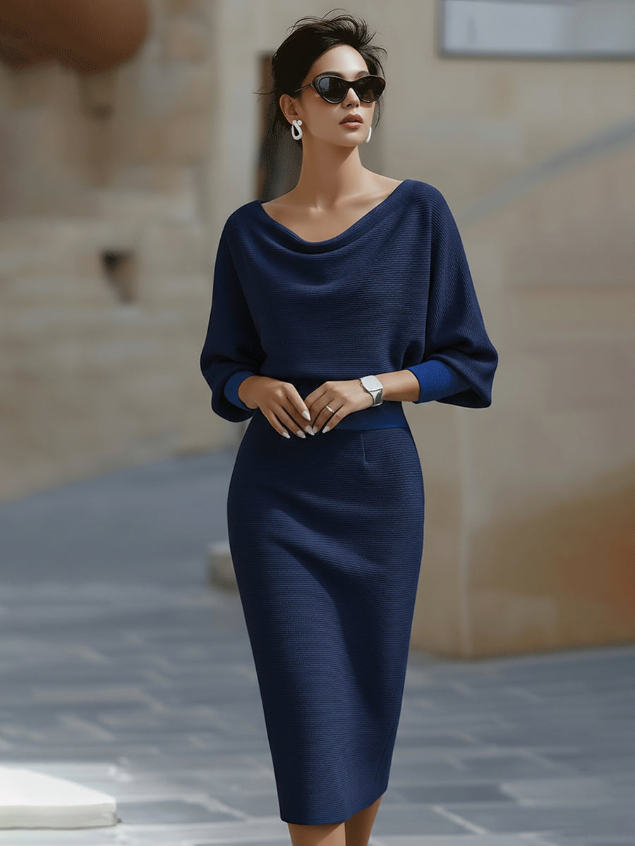 Chic women's cocktail dress: cowl-neck, bodycon midi style. Perfect for parties & special occasions.