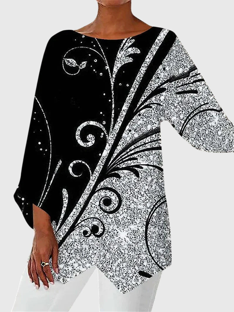 Close-up of a women's elegant crew neck top. Shows quality fabric & design, perfect for versatile everyday style.