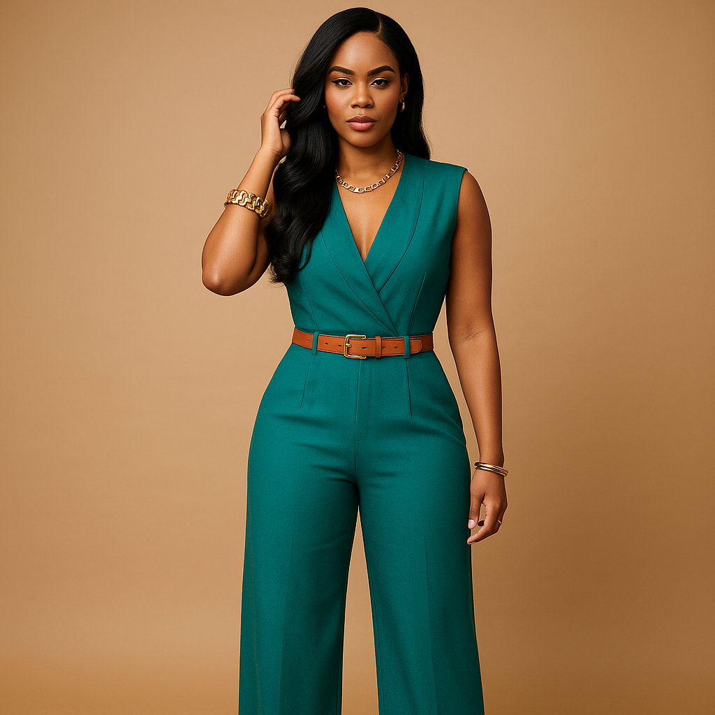 Elegant women's deep V-neck jumpsuit for evening events, perfect formal wear or party attire.