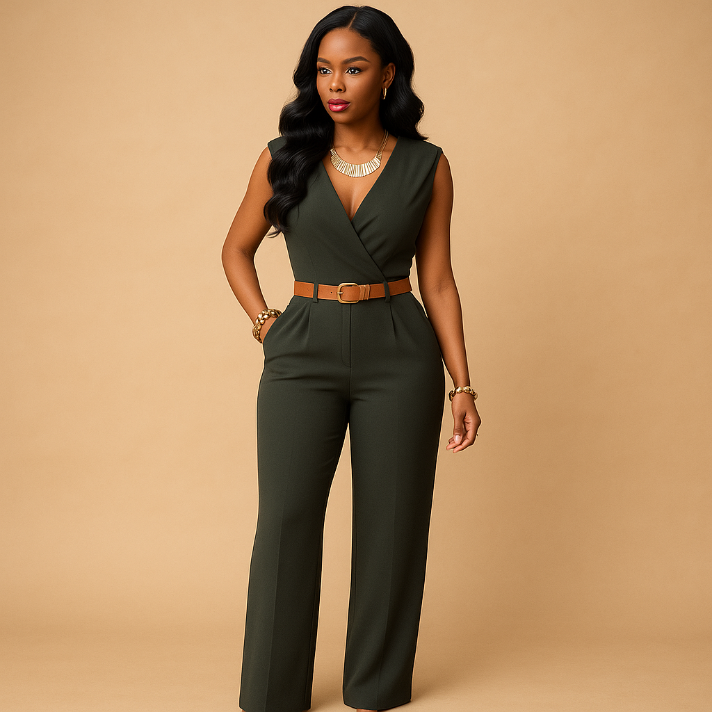 Chic women's deep V-neck jumpsuit, elegant evening outfit ideal for formal events, parties, and special occasions.