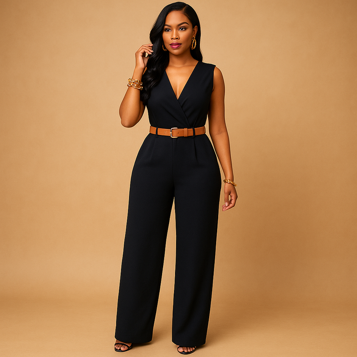 Sophisticated women's deep V-neck jumpsuit, a stylish one-piece for formal evening events and special occasions.