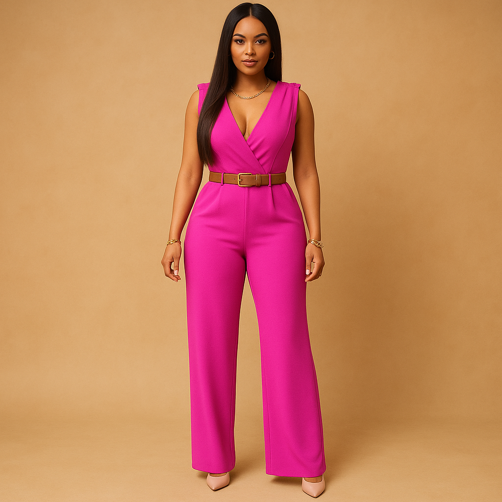 Flowy deep V-neck women's jumpsuit with high-waist design, ideal dressy outfit for elegant evening events.
